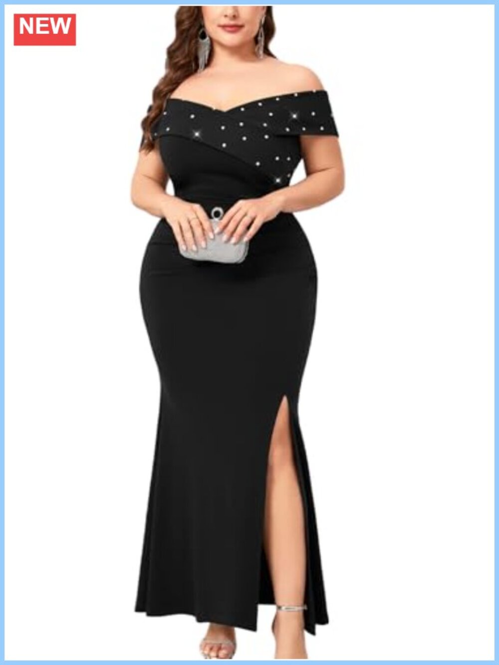 Plus Size Off Shoulder Mermaid Maxi Dress Rhinestone Ruched Slit Formal Evening